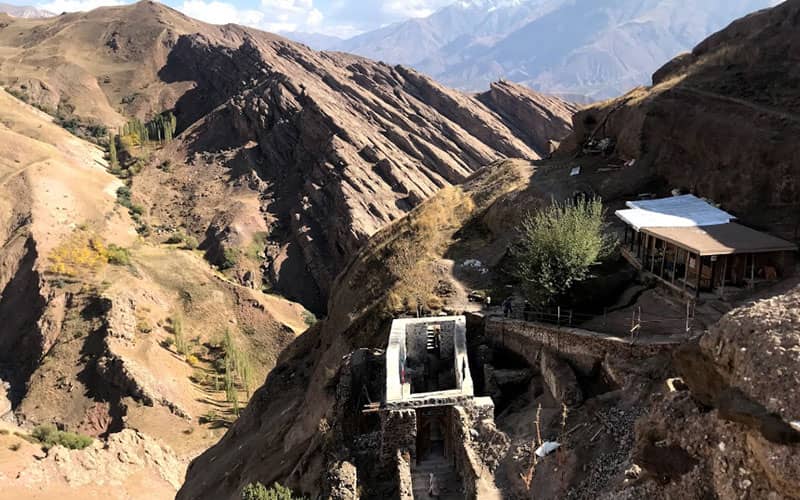 Aerial view of the Alamut Castle ruins showing the fortress layout on the ridge