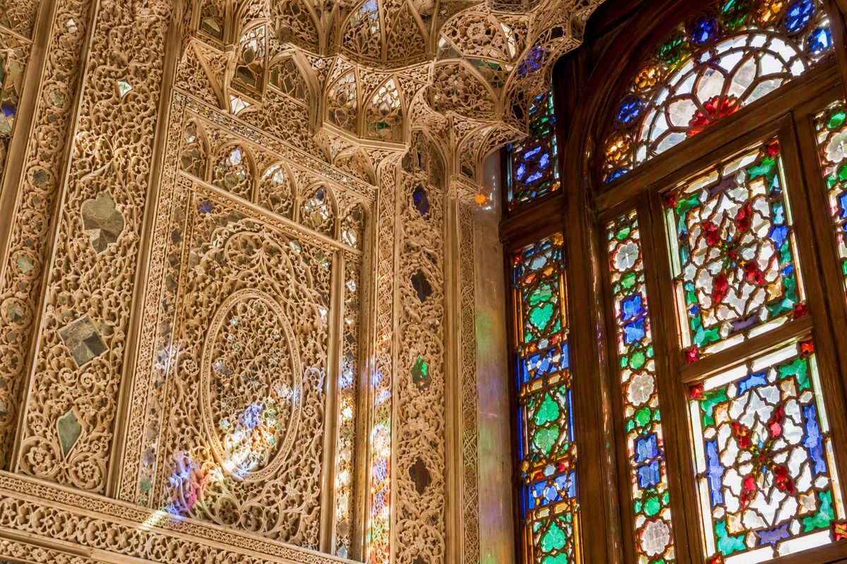 Ornamental plasterwork and stained glass in Ardakani House
