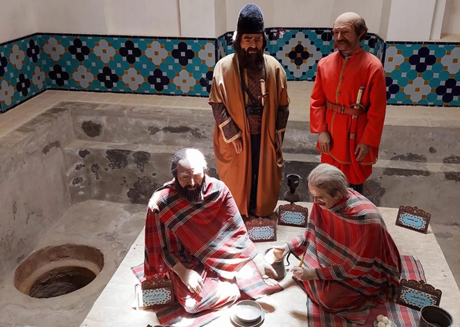 The costumed diorama of Amir Kabir's killing inside the Fin bathhouse