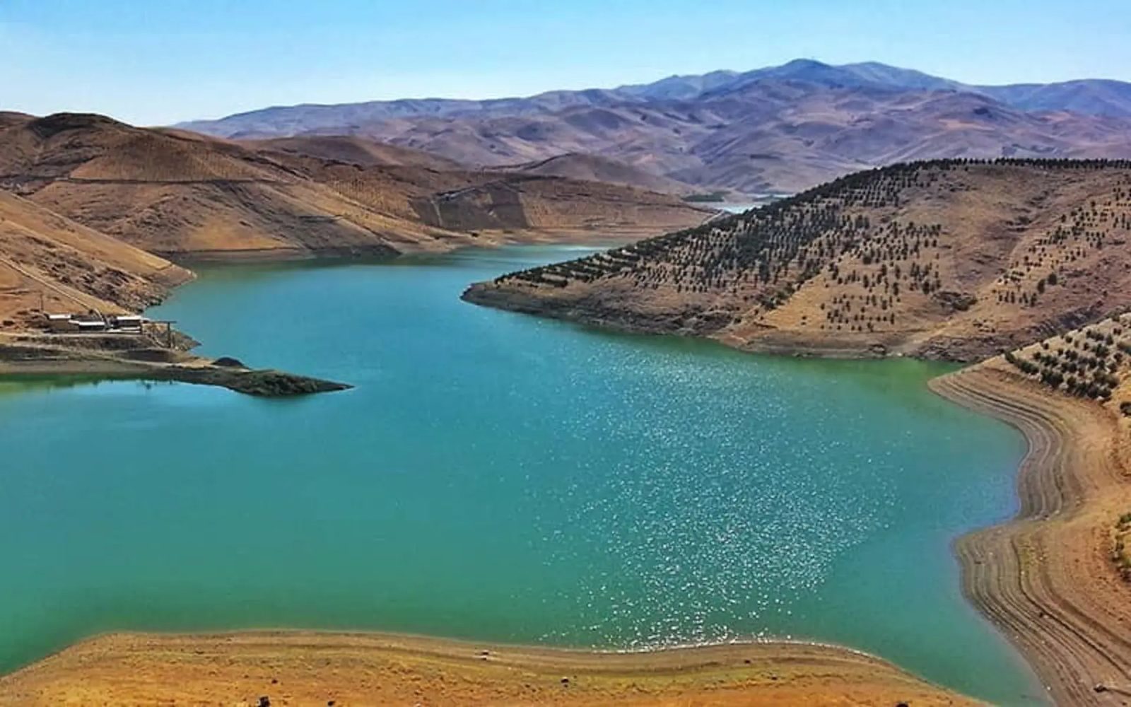 The turquoise Qeshlaq dam reservoir between bare Zagros hills, saplings planted in rows on the slopes