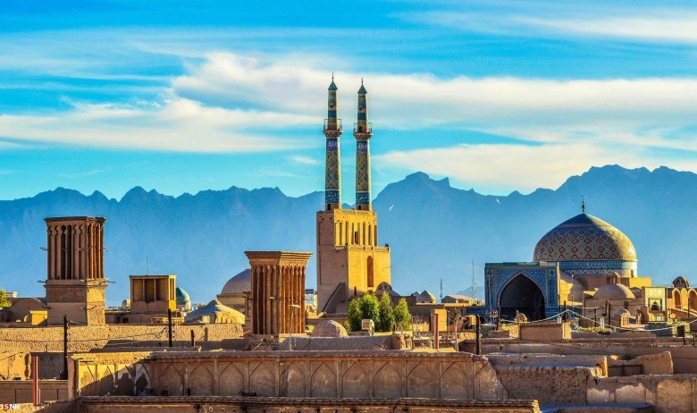 The Jameh Mosque of Yazd with its tall minarets and turquoise tilework