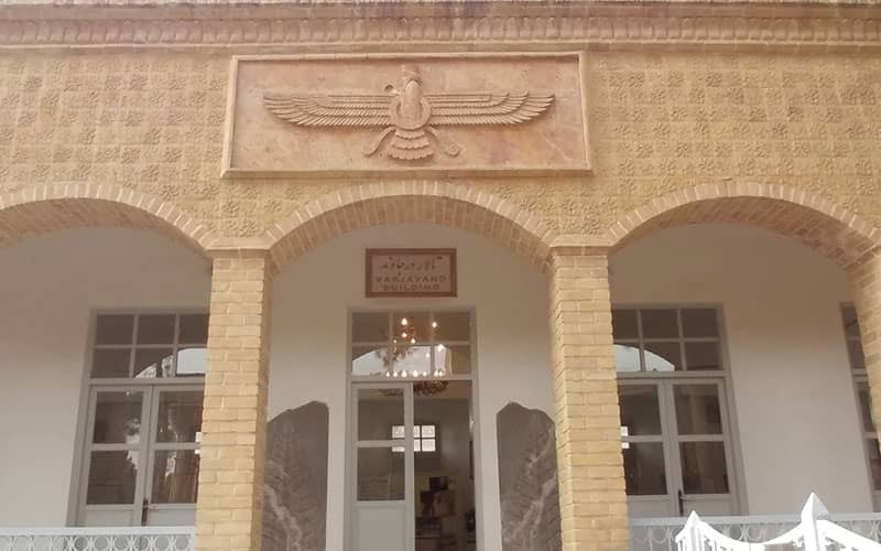 Zoroastrian symbols and stone columns at Atashkadeh Bahram