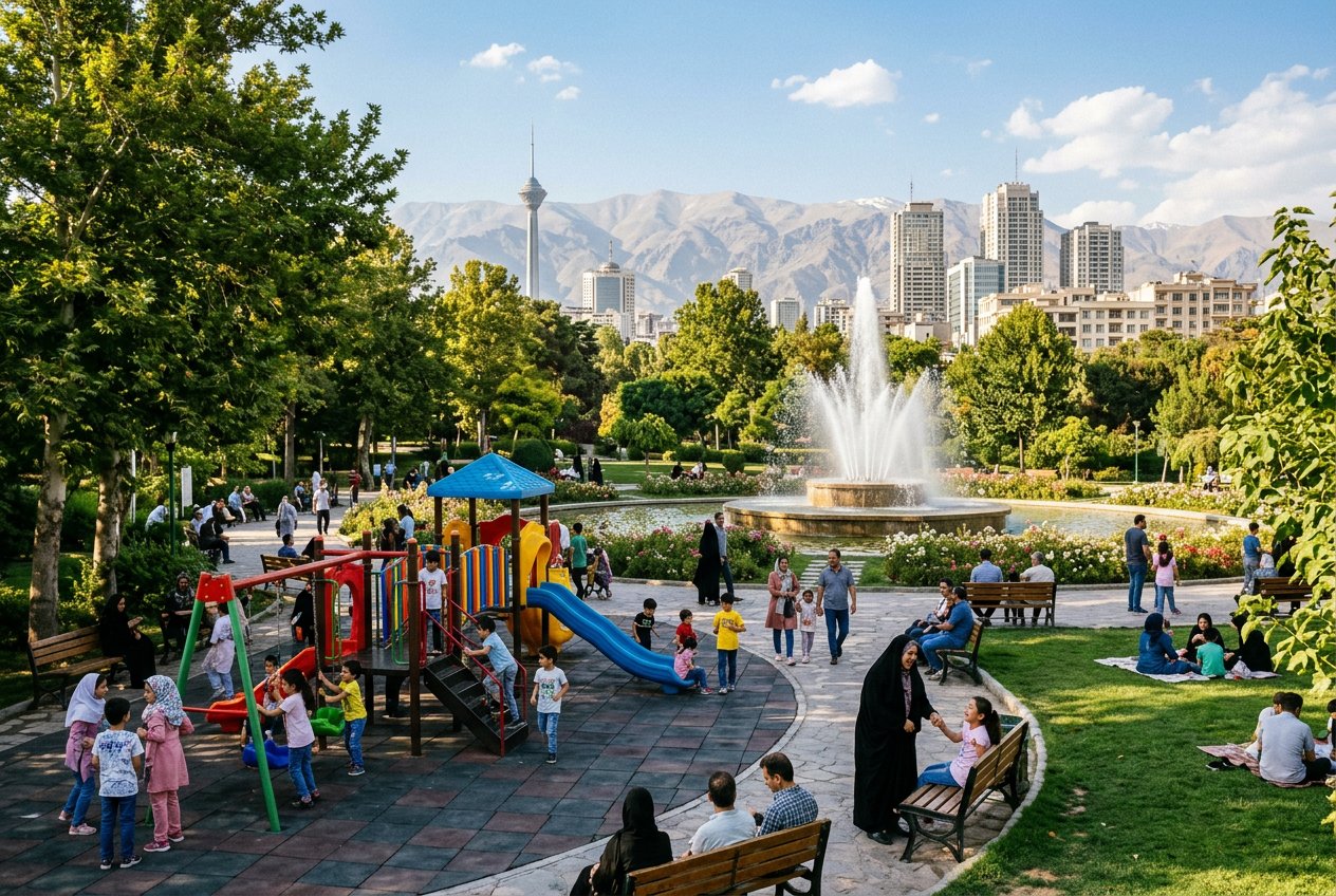 Tehran park family enjoying outdoor activities children playing
