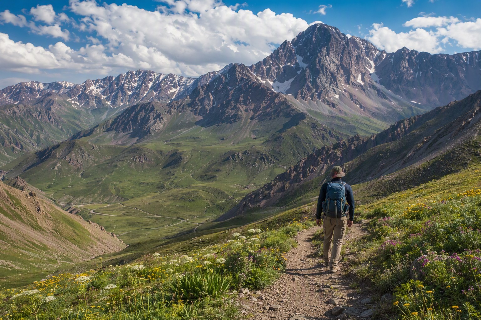 Traveler on a mountain trail in the Alborz highlands with green valleys below