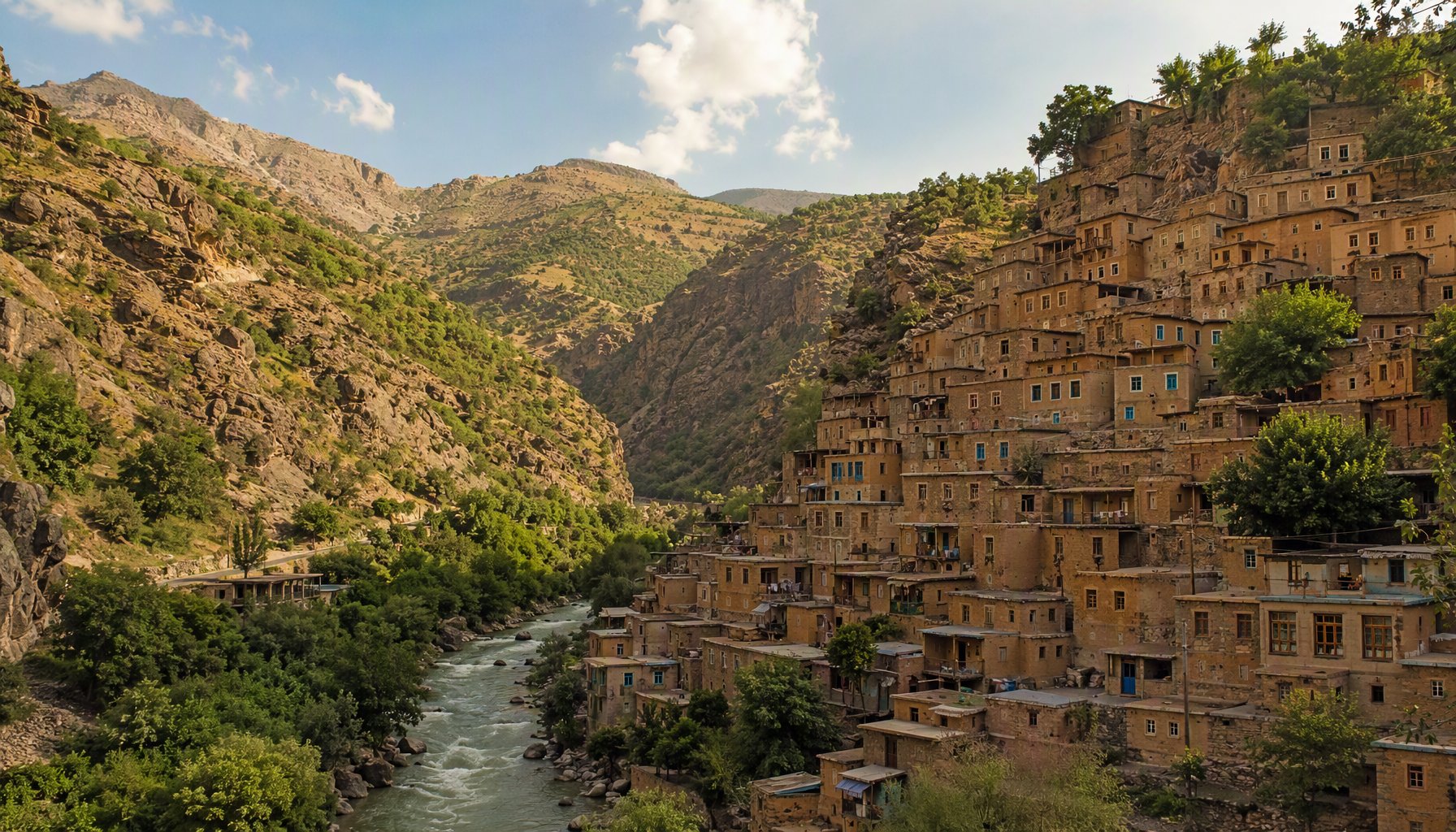 Summer view of the stepped village of Palangan in Kurdistan