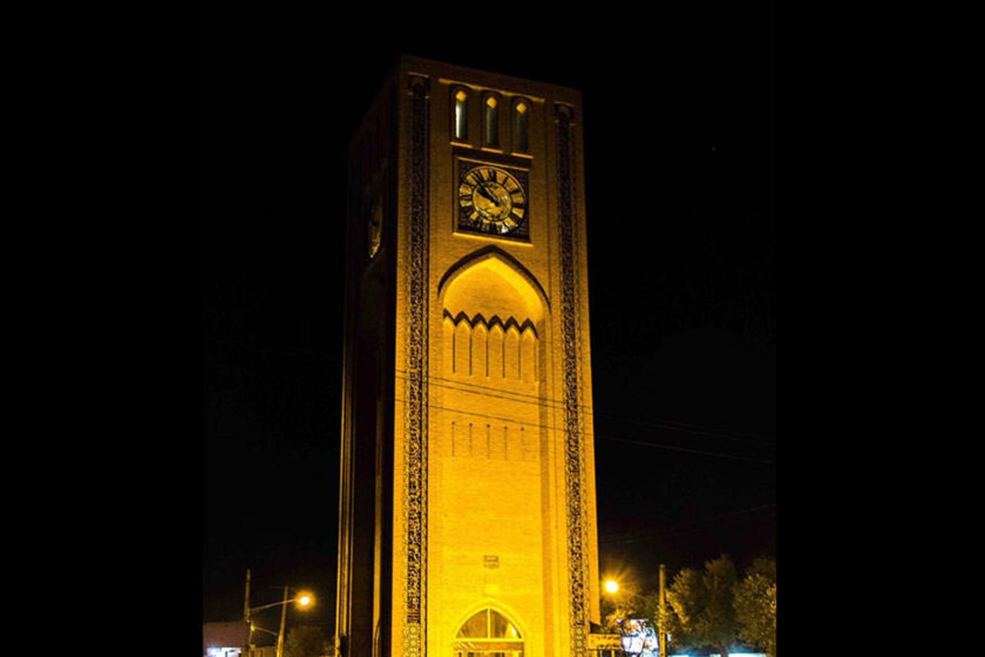 Clock Square at night with illuminated tower