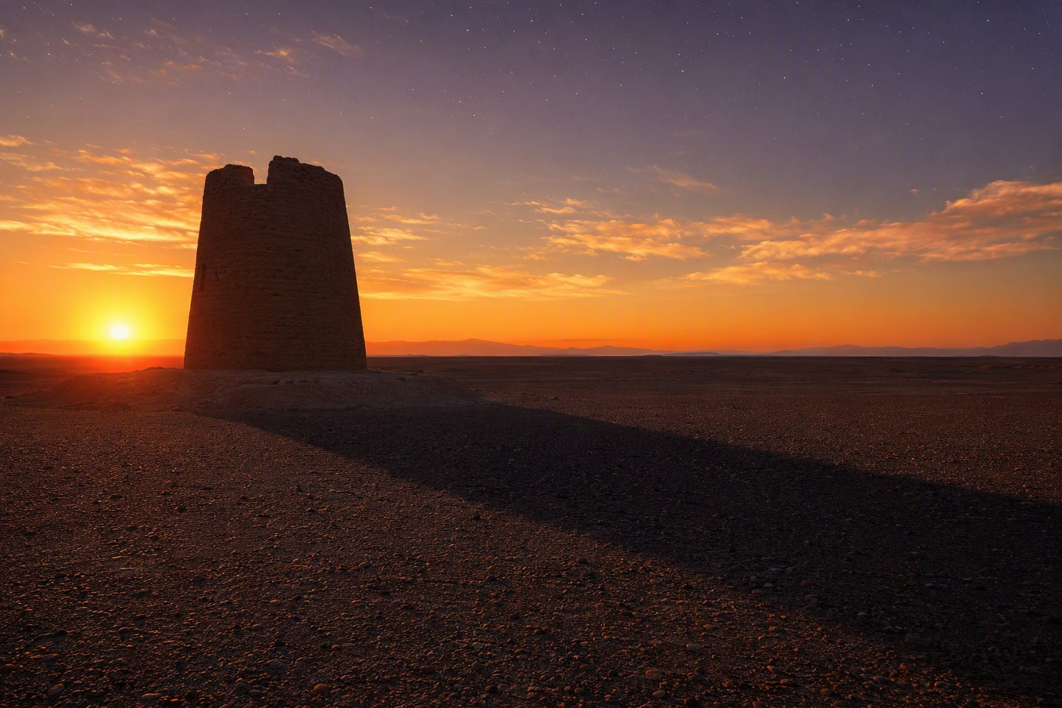 Mile tower at sunset with desert shadows