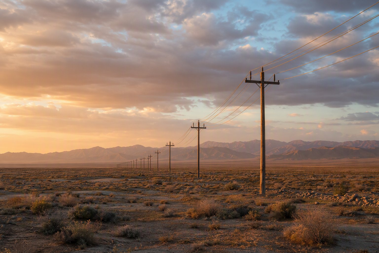 Telegraph wire poles stretching across the Iranian landscape