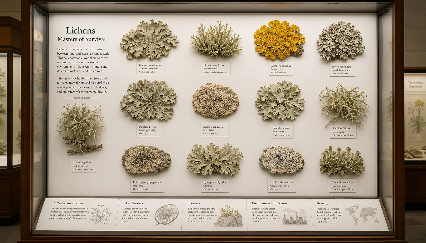 Lichen diversity display showing species from different Iranian ecosystems