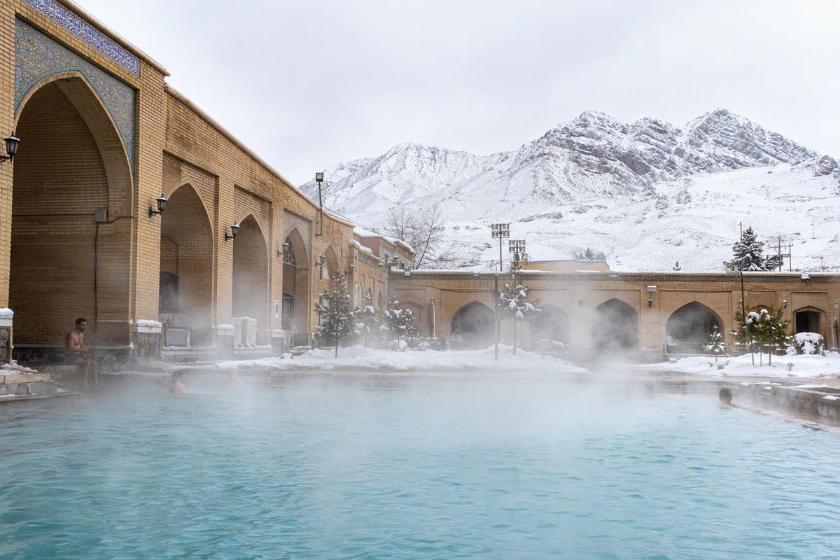 Hot springs at Sareyn with steam rising in winter