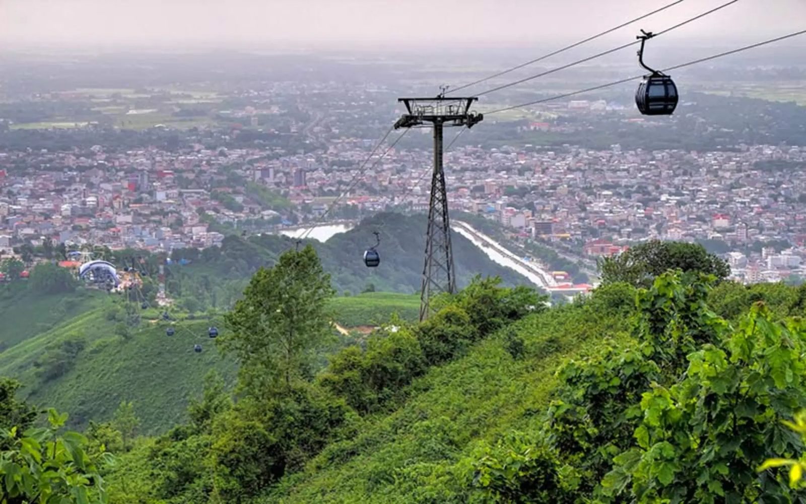 Lahijan cable car pylons and cabins above green tea terraces