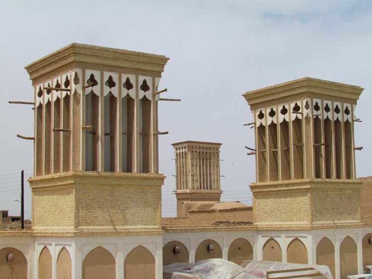 Ornate brickwork on a badgir tower in central Iran