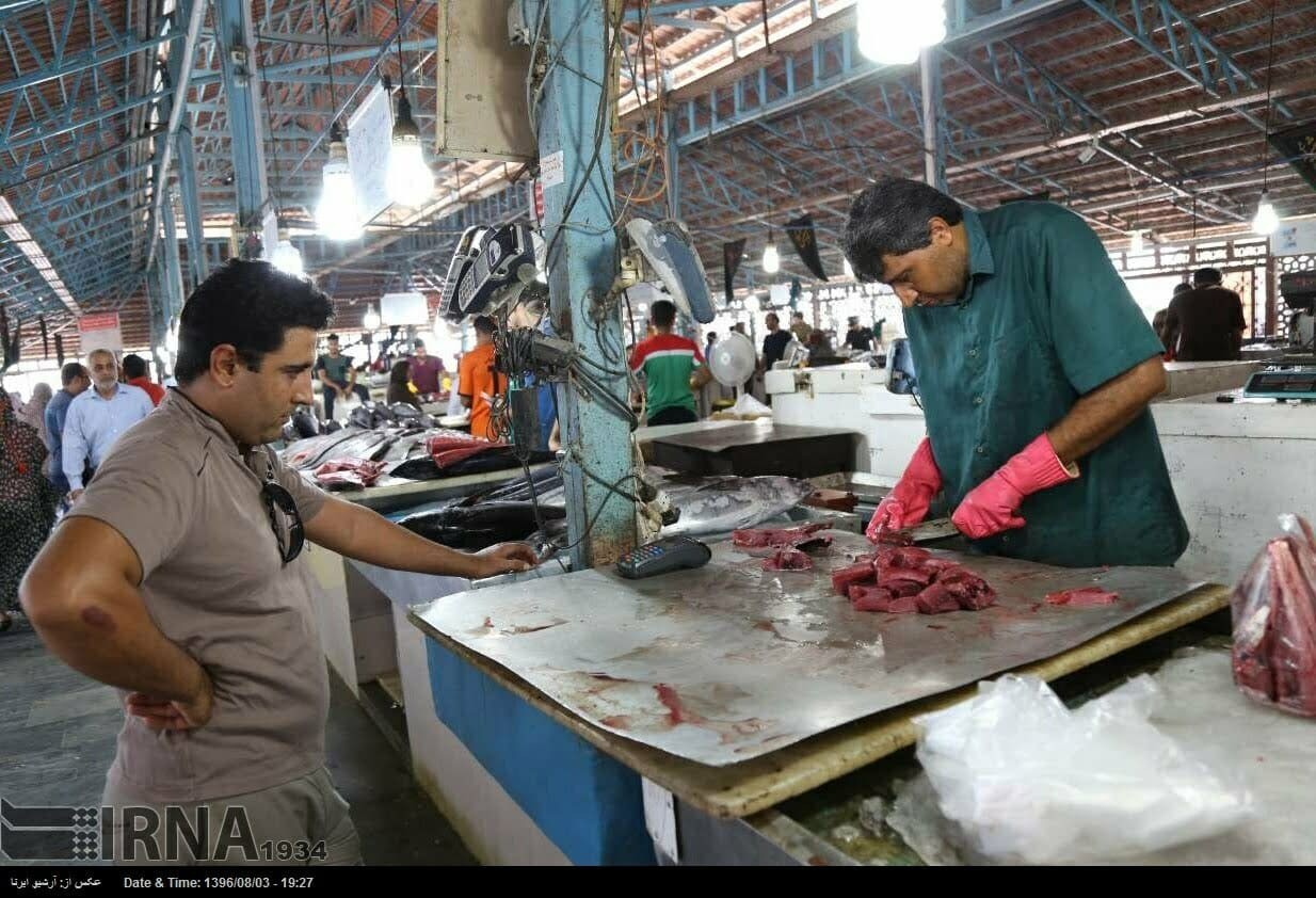 الصيد الطازج من السمك والمأكولات البحرية في سوق بندر عباس