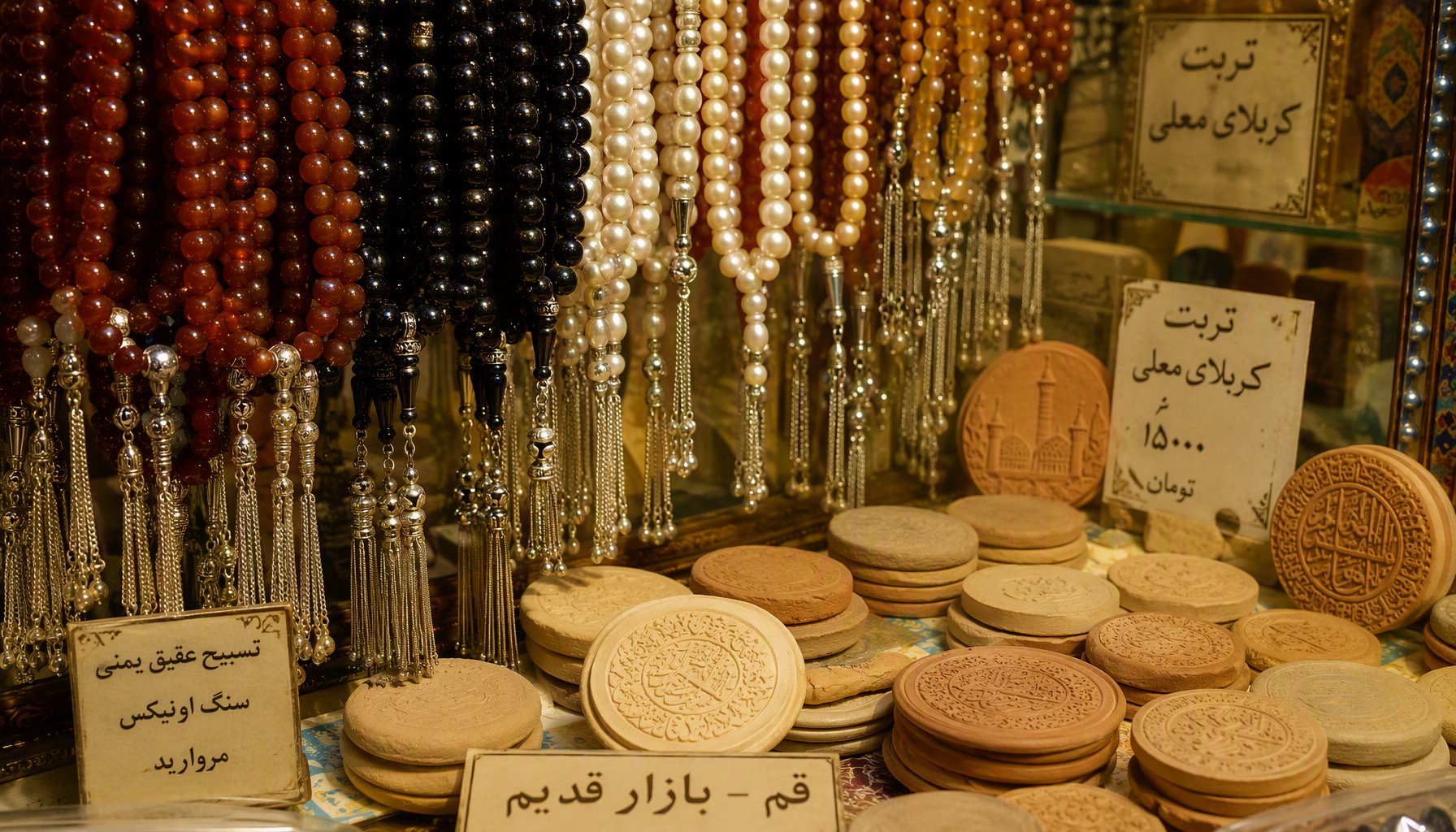 Turbah and prayer beads displayed in a shop in Bazarche Ferdowsi