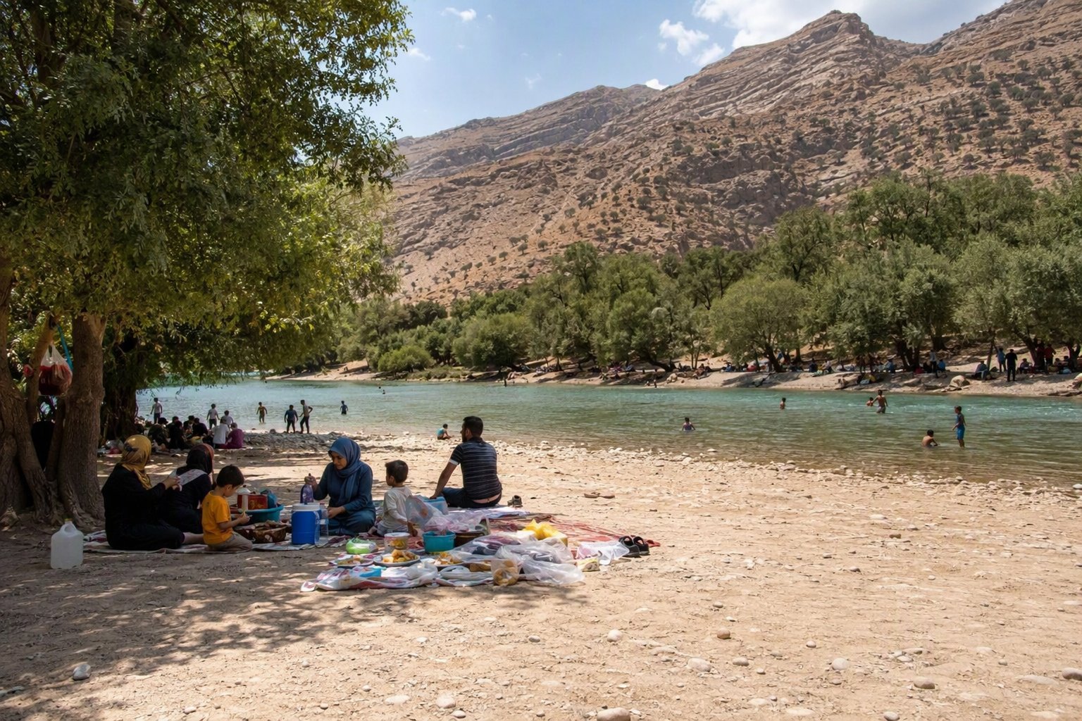 Riverside beach area with clear water